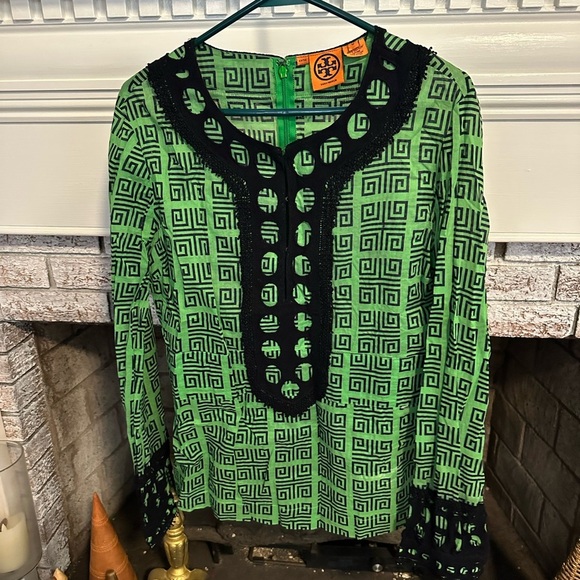 Tory Burch Dorelia Tunic Top geometric print with crochet detail size 12 - Picture 1 of 4